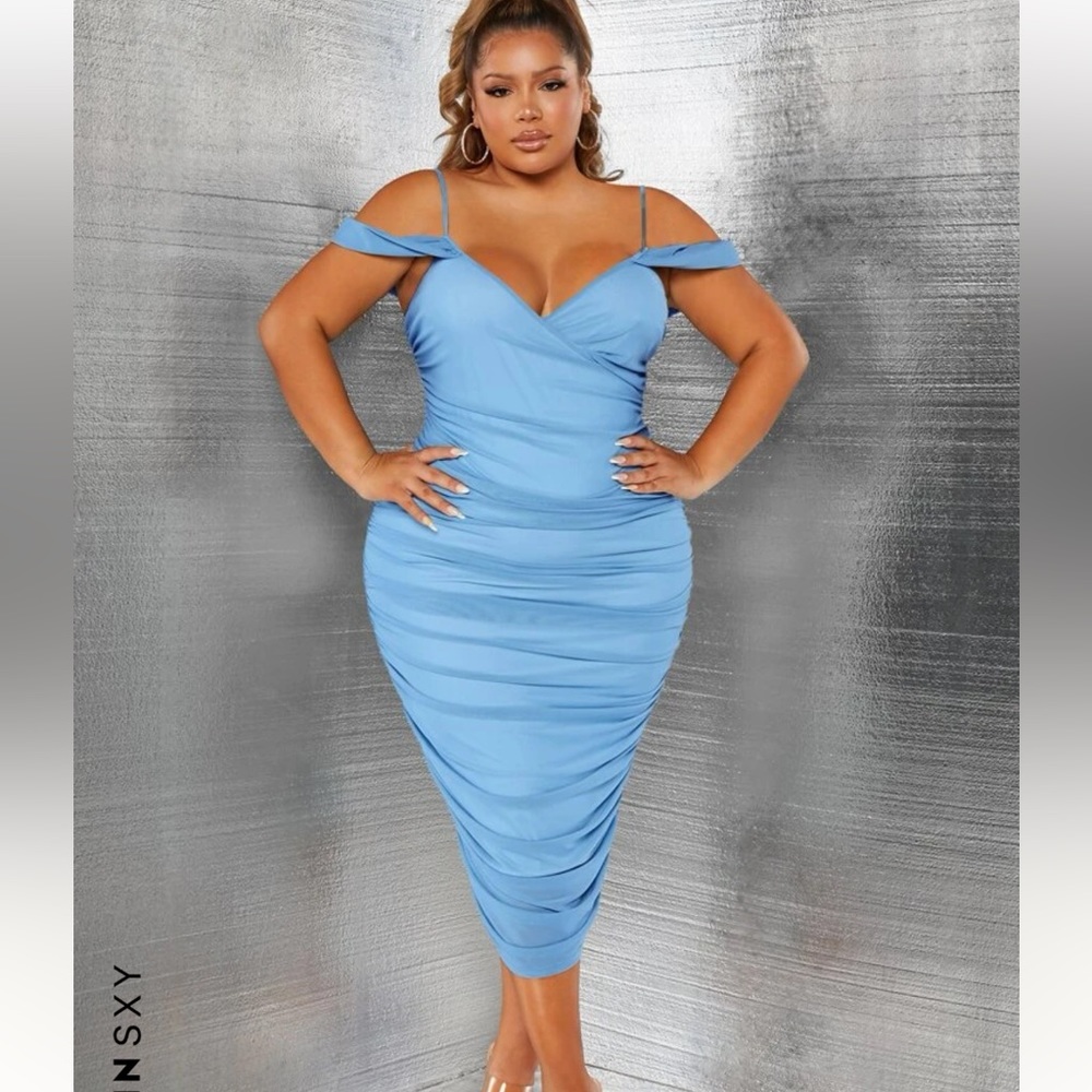 Baby blue ruched cold shoulder dress